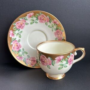 VTG Salisbury Bone China England Teacup & Saucer #1769 Cream w Gilded Pink Roses